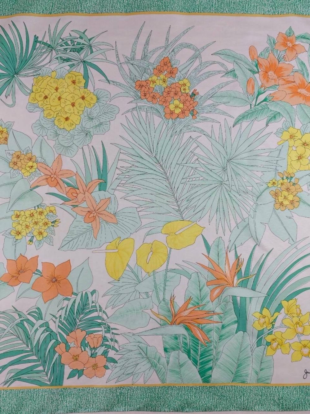 Floral Botanical Silk-Style Scarf in Coral, Yellow & Mint